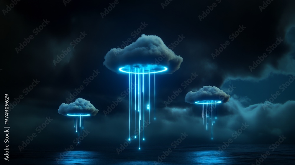 Poster exploring the hybrid and multi-cloud environment. the image depicts three cloud formations, represen