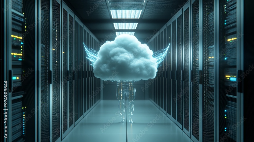 Poster explore the whimsical world of data storage with cloud computing, where technology meets imagination