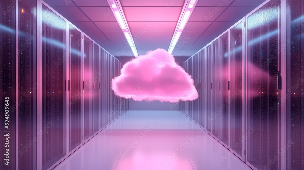 Poster explore the whimsical world of data storage with cloud computing, symbolized by a floating pink clou