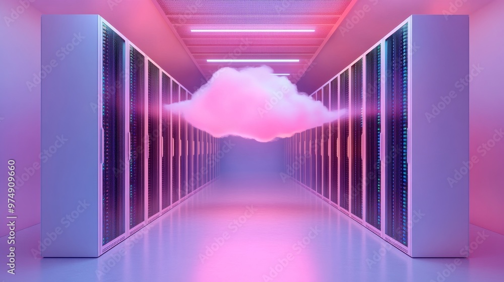 Poster explore the whimsical world of data storage with this captivating image. rows of servers, lit by neo