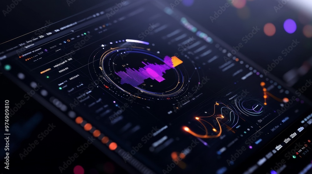 Poster futuristic data visualization display of social media engagement with a circular graph and glowing l