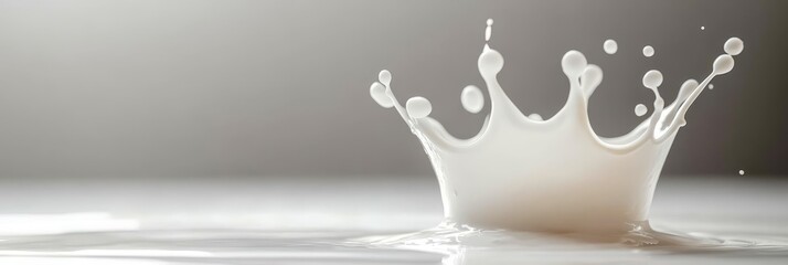 Milk Crown Splash: A Symbol of Purity, Freshness, and Renewal. A single splash of milk creates a crown-like shape, symbolizing purity, freshness, and renewal. The white liquid against a light backgrou