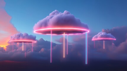 Neon Cloud Computing: Explore the future of data storage and processing with interconnected cloud servers represented by neon-lit clouds. This image symbolizes innovation, connectivity, and the limitl