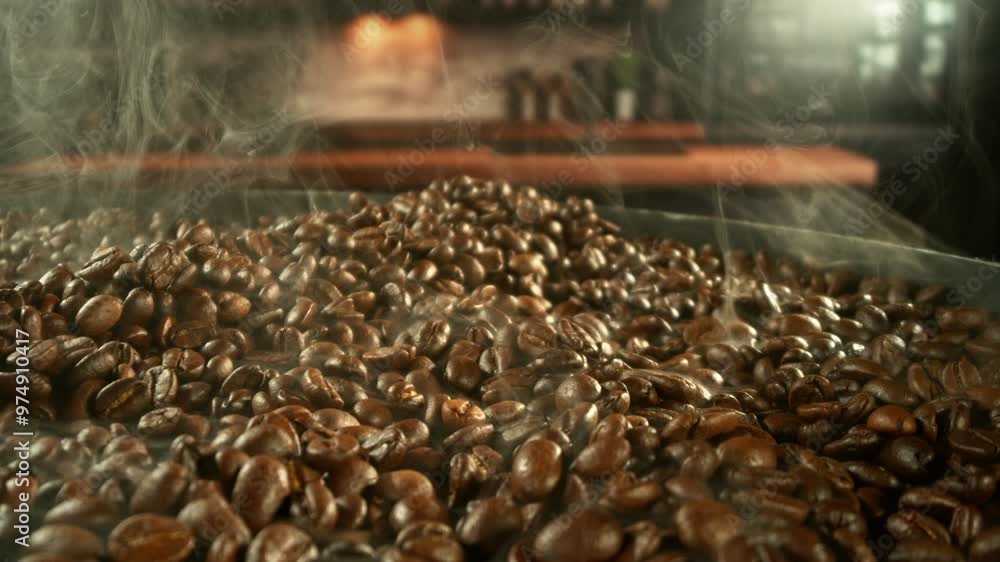 Poster super slow motion of coffee beans rotating in roasting grinder. concept of roasting coffee beans wit