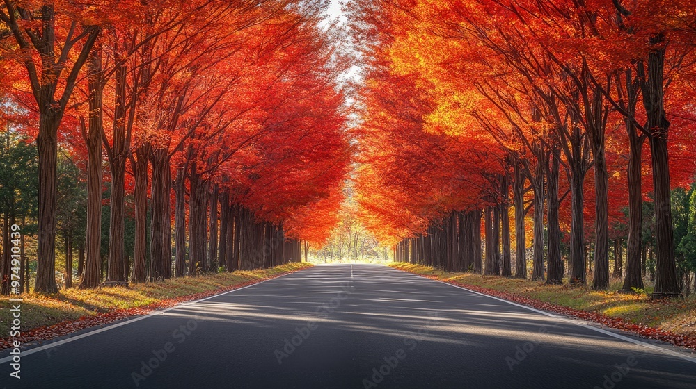 Poster empty asphalt road passing through a forest of red maple trees in autumn