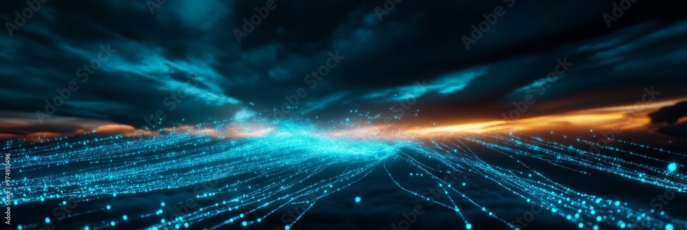 Poster surreal digital connectivity with glowing lines connecting to the digital horizon, representing the 
