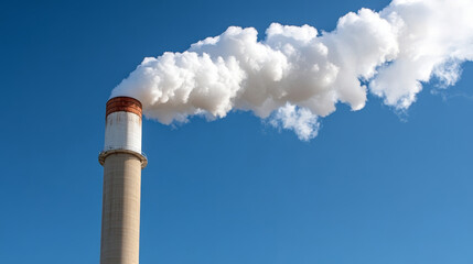 Power Plant Smoke Plume Against a Clear Blue Sky. This image depicts a large, industrial smokestack with a thick plume of white smoke billowing into the sky. The smoke represents the impact of industr