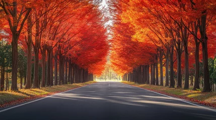 Selbstklebende Fototapeten Empty asphalt road passing through a forest of red maple trees in autumn © Lubos Chlubny