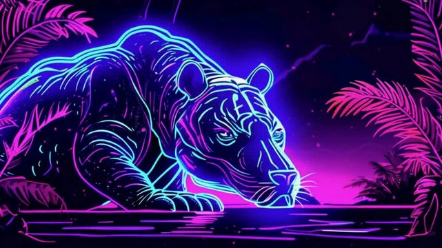 3d Animated of a leopard in forest synthwave style 