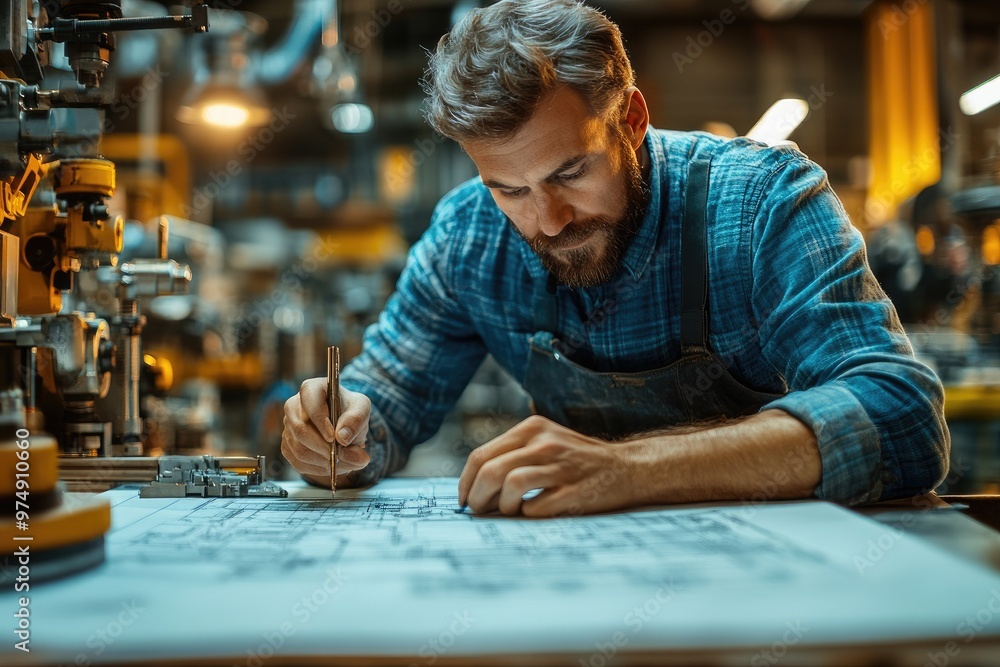 Poster heavy industry engineer working on blueprints in a factory