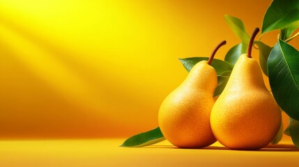 Two ripe pears with green leaves on a bright yellow background, perfect for healthy food graphics and promoting a fresh and vibrant lifestyle.