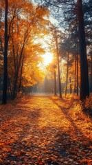 Obraz premium Golden foliage covering the ground in a forest in autumn