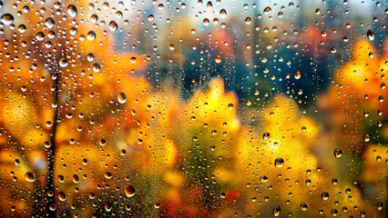 water droplets on window with vibrant autumn foliage blur, rainy autumn day, abstract fall colors, Thanksgiving, Harvest Festival, Halloween, Earth Day