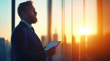 A thoughtful businessman stands by a window, gazing at a stunning sunset, reflecting on opportunities and future goals.
