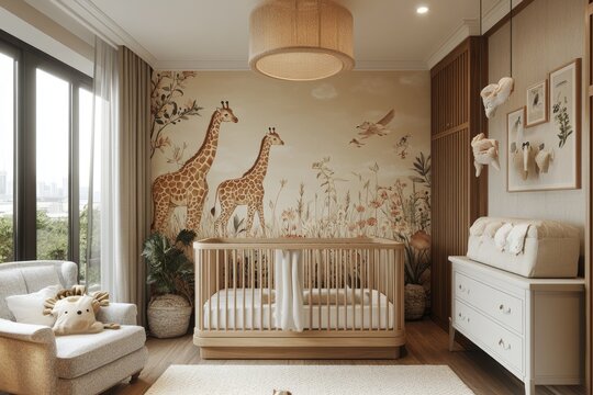 Fototapeta Modern baby girl nursery room decorated with floral wallpaper and giraffe