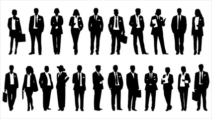 Vector style Silhouettes of diverse casual business people standing, walking, men, women full length. Business concept. Black monochrome Vector illustrations isolated on white background