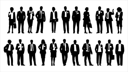 Vector style Silhouettes of diverse casual business people standing, walking, men, women full length. Business concept. Black monochrome Vector illustrations isolated on white background