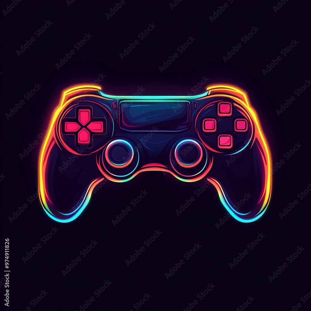 Aufkleber neon glow game controller on dark background, video game design element