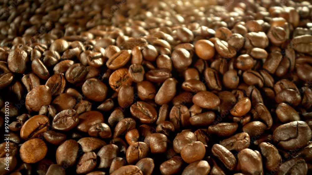 Poster super slow motion of coffee beans rotating in roasting grinder. concept of roasting coffee beans wit