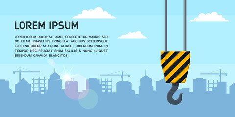 Construction site banner with tower crane hook. Blue background with building silhouettes and urban skyline. Vector illustration