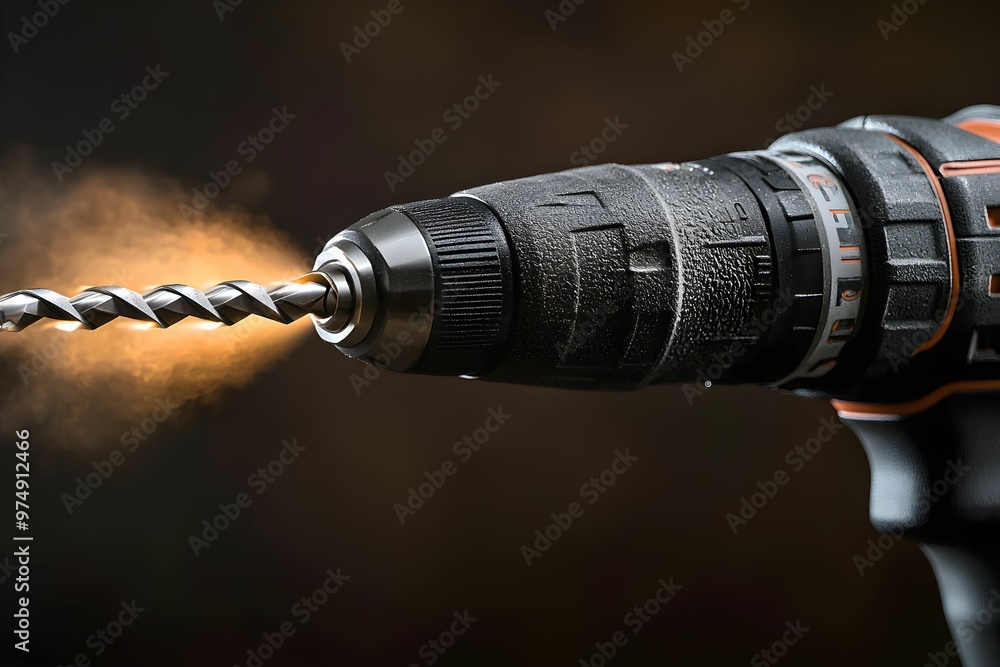Poster close-up of a power drill in action with swirling dust particles