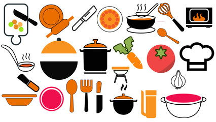 cooking doodle,  Colorful Cooking Doodle Icons Set ,  Kitchen Utensils and Food Illustrations.