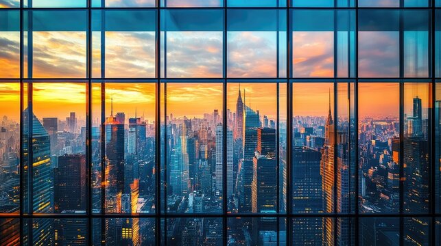 Fototapeta New york city skyline shining during golden hour sunset seen from modern office windows