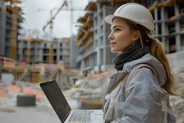 Young woman in hard hat supervises construction site with laptop