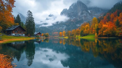 Fototapeta premium Misty morning atmosphere over the grundlsee lake with colorful trees reflecting in the water in austria