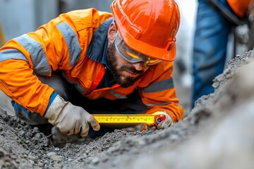 Construction worker measuring depth in a trench at a job site