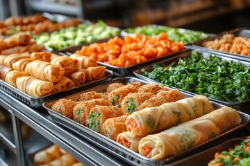 Fototapeta premium Delicious spring rolls and fresh vegetables served on a buffet