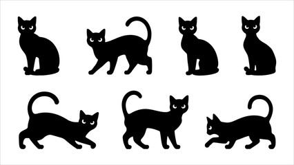 Black silhouette cats in different poses. Vector illustration isolated on white background