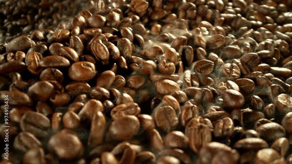 Poster super slow motion of coffee beans rotating in roasting grinder. concept of roasting coffee beans wit