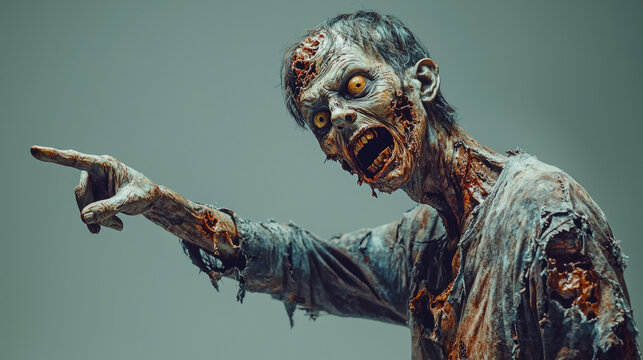 Portrait of living dead man on background of grey blue wall, zombie points finger to side. Theme of scary Halloween, funny people, showing, sale,