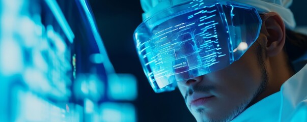 AI scientist, holographic data stream, futuristic lab, blue neon lights