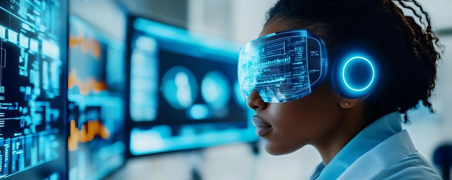 AI scientist, holographic data stream, futuristic lab, blue neon lights - Powered by Adobe