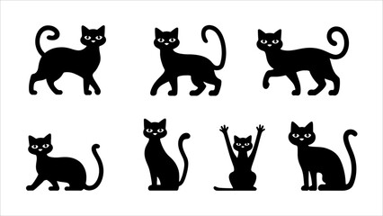Black silhouette cats in different poses. Vector illustration isolated on white background