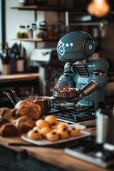 artificial intelligence that helps the chef cook in the kitchen, regulates the cooking temperature and informs about readiness. information screens for cooking and a chef using the help of artificial 