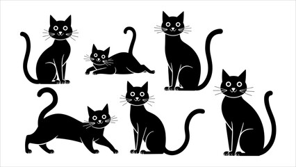 Black silhouette cats in different poses. Vector illustration isolated on white background