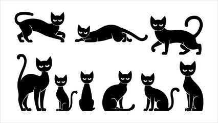 Black silhouette cats in different poses. Vector illustration isolated on white background