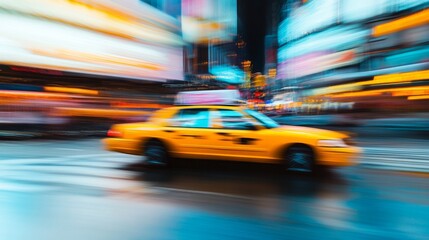 Yellow taxi speeding through a busy street, captured in motion,