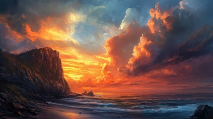 Dramatic Sunset Over a Rocky Coastline and the Sea