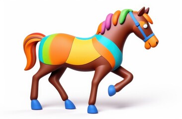 Obraz premium 3d brown horse on a white background. Toy, plastic, plasticine. Cartoon illustration.