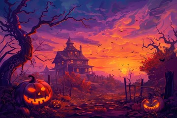 Haunted Cottage at Dusk with Spooky Jack-O'-Lanterns..