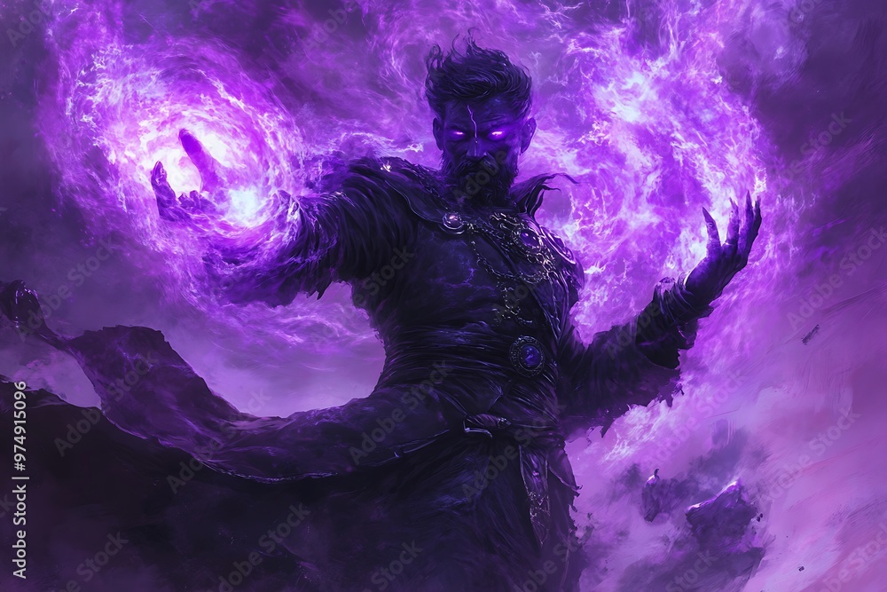 Wall mural Dark magic wizard casting a spell with glowing purple hands and flames