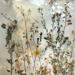 herbarium under refracted matted glass . leaves and dried herbs for herbarium collection