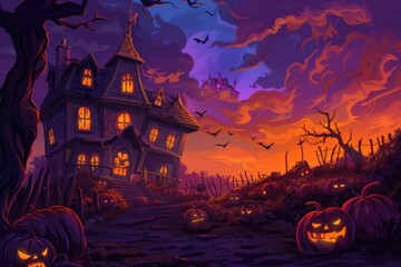 Fototapeta premium Haunted House Surrounded by Pumpkins and Bats at Sunset..