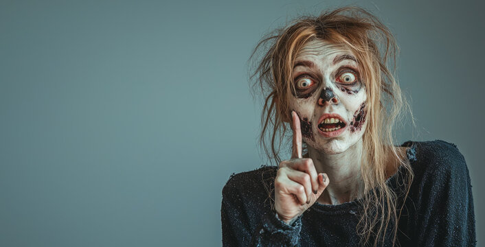 Portrait of living dead woman on background of grey blue wall, zombie puts index finger up. Theme of scary Halloween, funny people, showing, copy space,