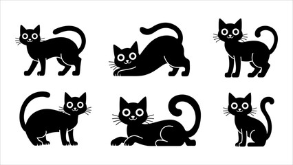 Black silhouette cats in different poses. Vector illustration isolated on white background