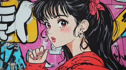Anime style street art of a young woman with pink cheeks and red bow.